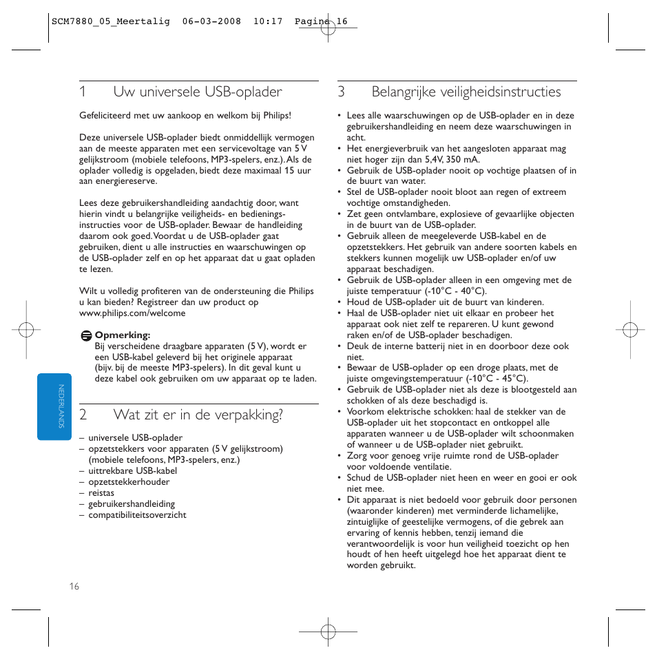 1uw universele usb-oplader, 2wat zit er in de verpakking, 3belangrijke veiligheidsinstructies | Philips SCM7880/05 User Manual | Page 16 / 60