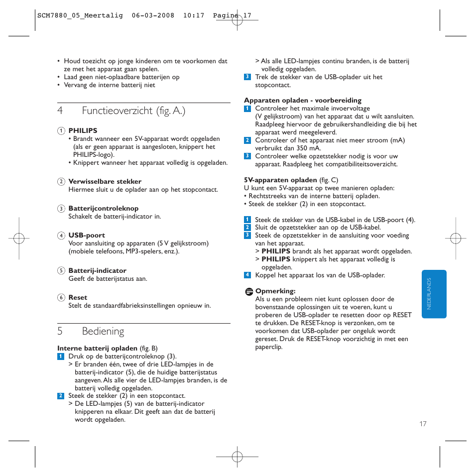 4functieoverzicht (fig. a.), 5bediening | Philips SCM7880/05 User Manual | Page 17 / 60