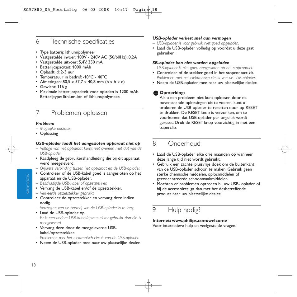 6technische specificaties, 7problemen oplossen, 8onderhoud | 9hulp nodig | Philips SCM7880/05 User Manual | Page 18 / 60