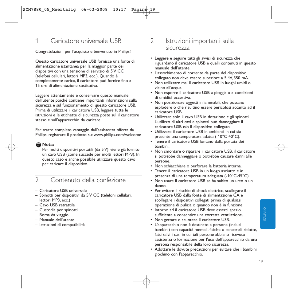 1caricatore universale usb, 2contenuto della confezione, 2istruzioni importanti sulla sicurezza | Philips SCM7880/05 User Manual | Page 19 / 60