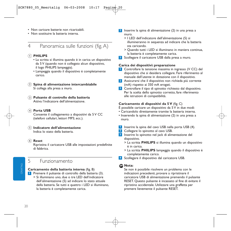 4panoramica sulle funzioni (fig. a), 5funzionamento | Philips SCM7880/05 User Manual | Page 20 / 60