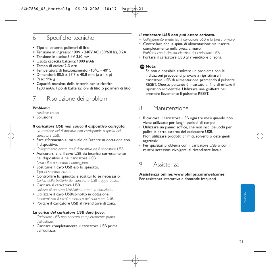6specifiche tecniche, 7risoluzione dei problemi, 8manutenzione | 9assistenza | Philips SCM7880/05 User Manual | Page 21 / 60