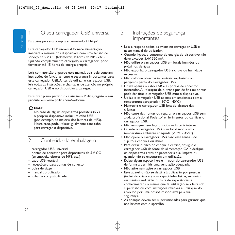 1o seu carregador usb universal, 2conteúdo da embalagem, 3instruções de segurança importantes | Philips SCM7880/05 User Manual | Page 22 / 60