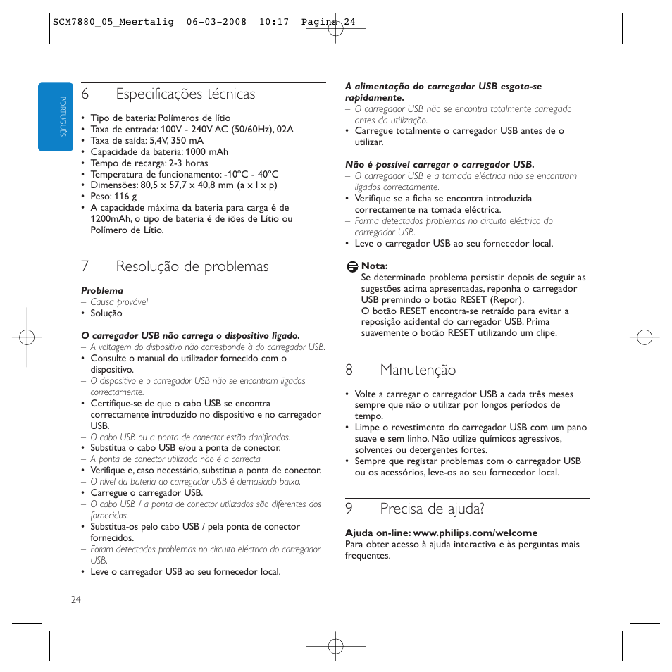 6especificações técnicas, 7resolução de problemas, 8manutenção | 9precisa de ajuda | Philips SCM7880/05 User Manual | Page 24 / 60