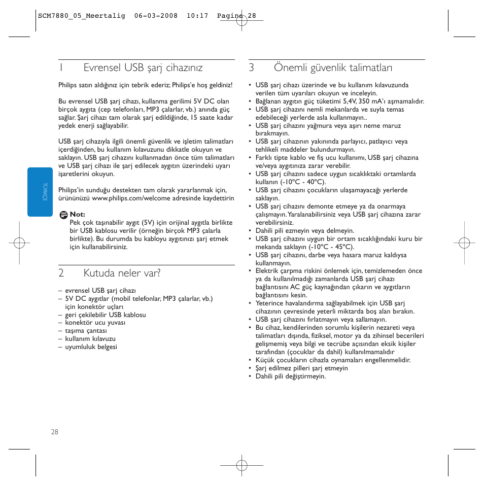 1evrensel usb şarj cihazınız, 2kutuda neler var, 3önemli güvenlik talimatları | Philips SCM7880/05 User Manual | Page 28 / 60