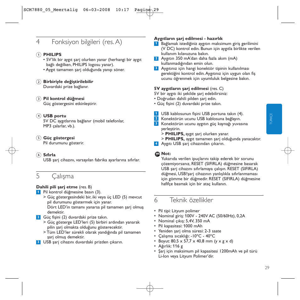 4fonksiyon bilgileri (res. a), 5çalışma, 6teknik özellikler | Philips SCM7880/05 User Manual | Page 29 / 60