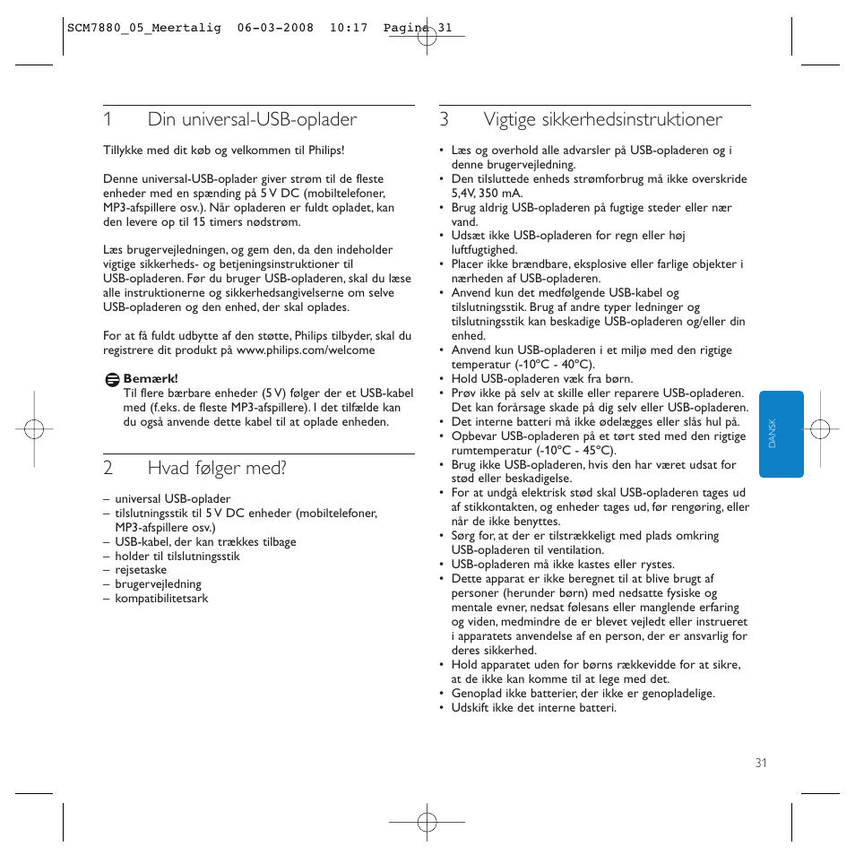 1din universal-usb-oplader, 2hvad følger med, 3vigtige sikkerhedsinstruktioner | Philips SCM7880/05 User Manual | Page 31 / 60