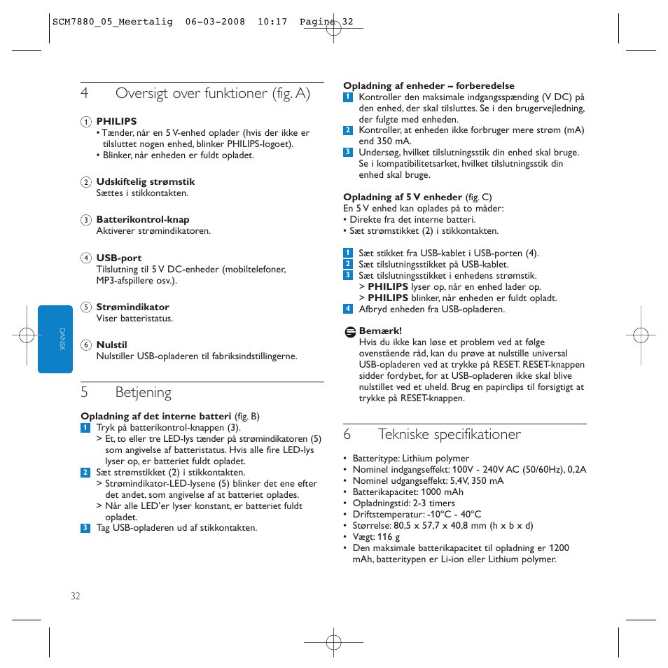 4oversigt over funktioner (fig. a), 5betjening, 6tekniske specifikationer | Philips SCM7880/05 User Manual | Page 32 / 60