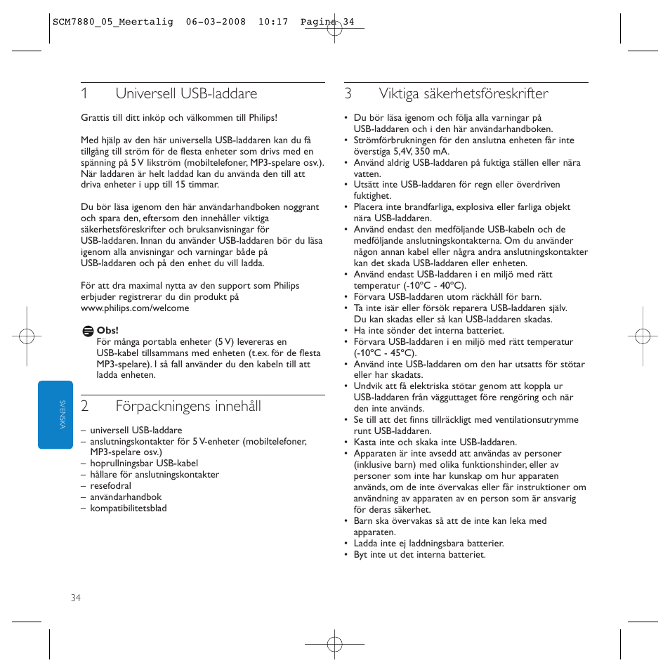 1universell usb-laddare, 2förpackningens innehåll, 3viktiga säkerhetsföreskrifter | Philips SCM7880/05 User Manual | Page 34 / 60