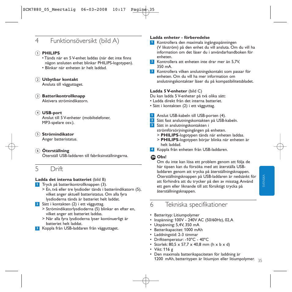 4funktionsöversikt (bild a), 5drift, 6tekniska specifikationer | Philips SCM7880/05 User Manual | Page 35 / 60