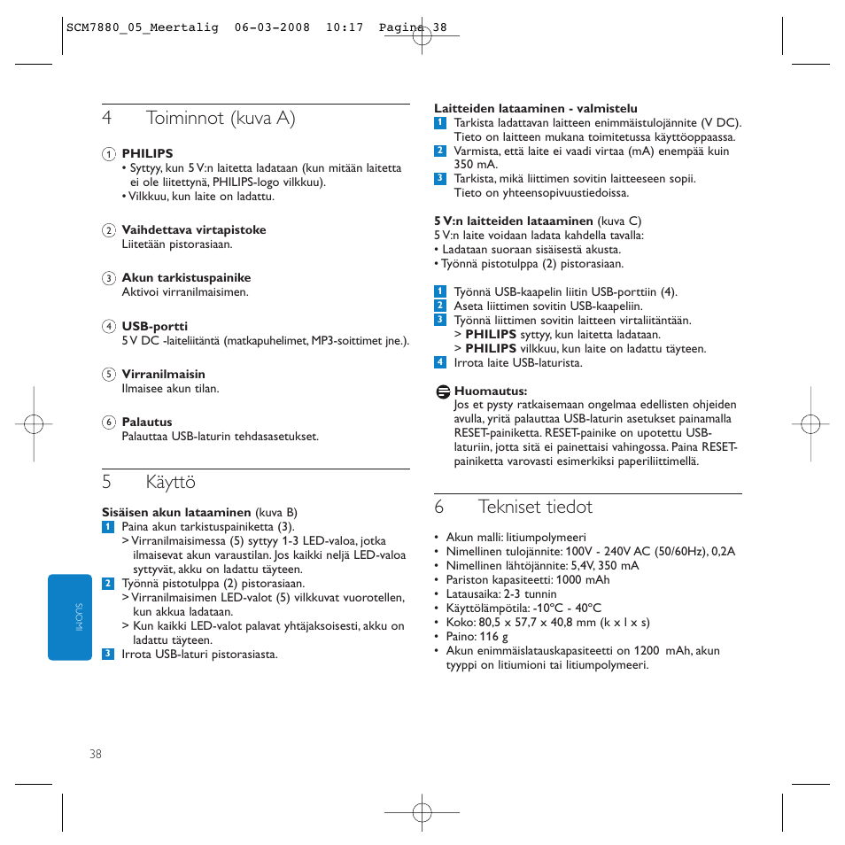 4toiminnot (kuva a), 5käyttö, 6tekniset tiedot | Philips SCM7880/05 User Manual | Page 38 / 60