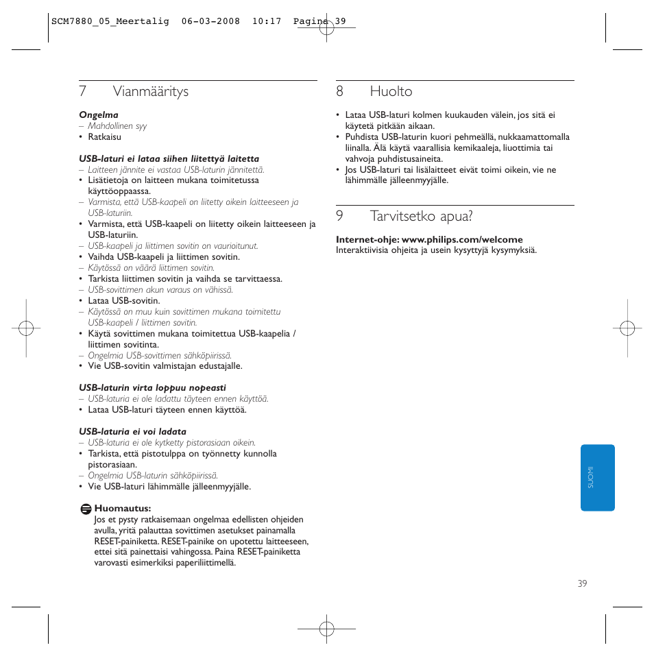 7vianmääritys, 8huolto, 9tarvitsetko apua | Philips SCM7880/05 User Manual | Page 39 / 60