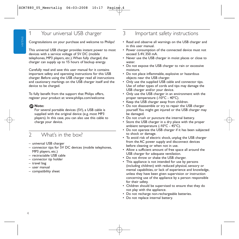 1your universal usb charger, 2what’s in the box, 3important safety instructions | Philips SCM7880/05 User Manual | Page 4 / 60