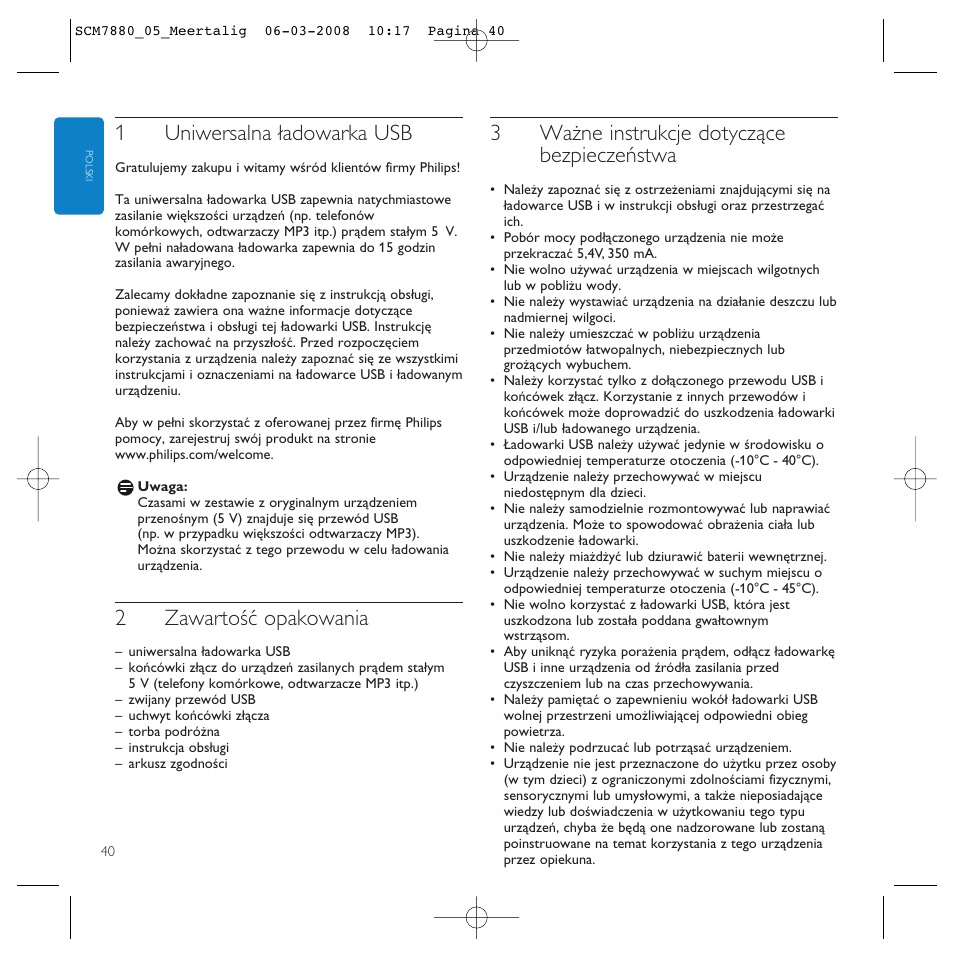 1uniwersalna ładowarka usb, 2zawartość opakowania, 3ważne instrukcje dotyczące bezpieczeństwa | Philips SCM7880/05 User Manual | Page 40 / 60