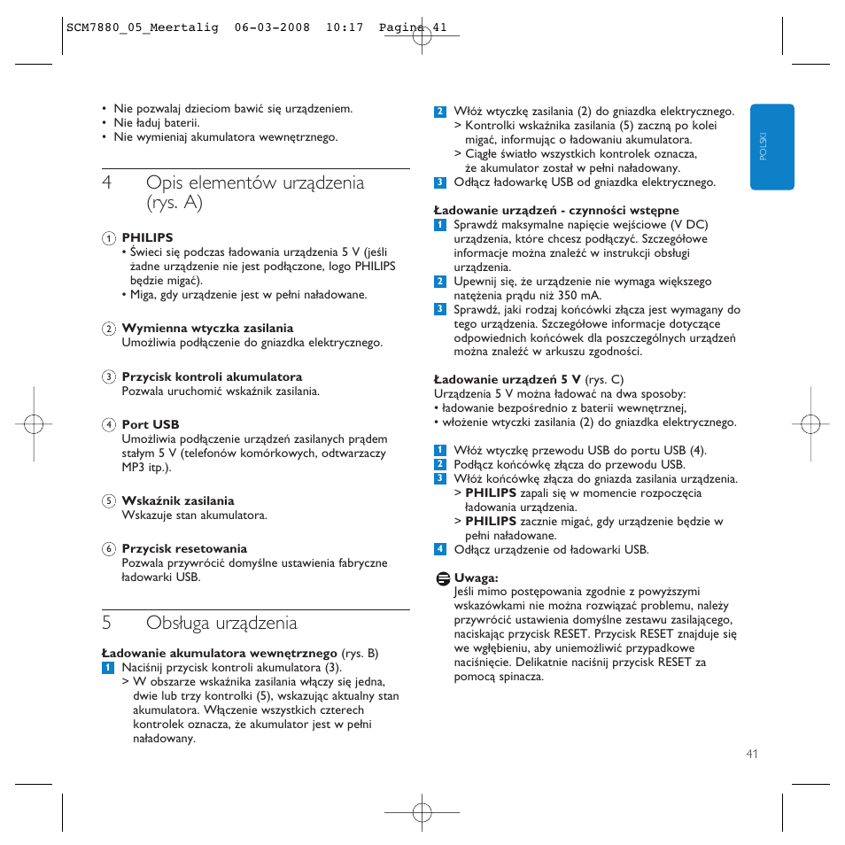 4opis elementów urządzenia (rys. a), 5obsługa urządzenia | Philips SCM7880/05 User Manual | Page 41 / 60