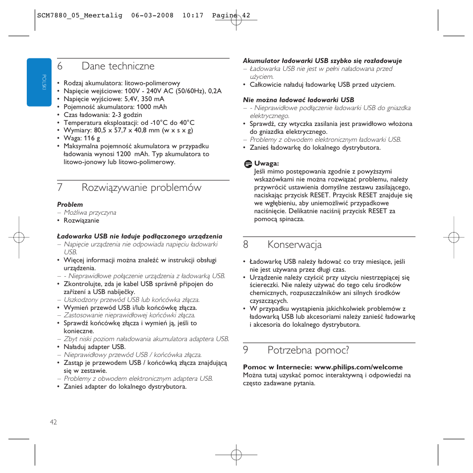 6dane techniczne, 7rozwiązywanie problemów, 8konserwacja | 9potrzebna pomoc | Philips SCM7880/05 User Manual | Page 42 / 60