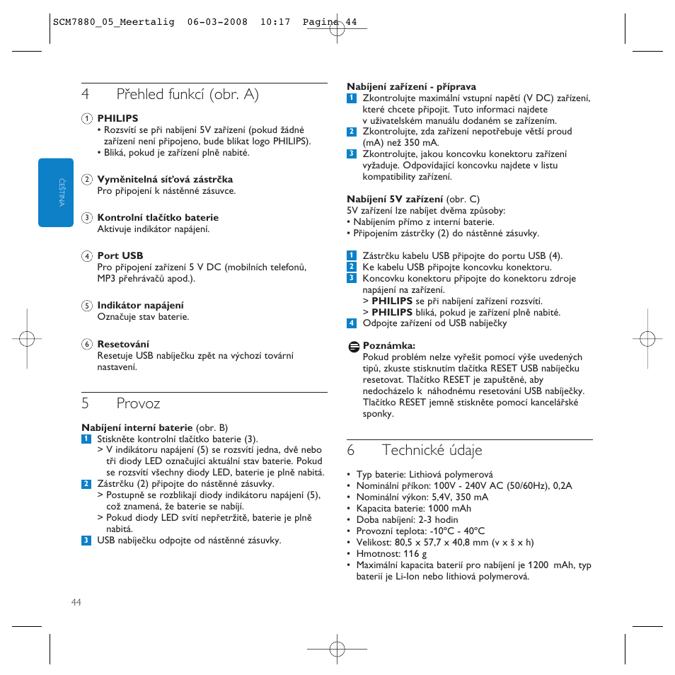 4přehled funkcí (obr. a), 5provoz, 6technické údaje | Philips SCM7880/05 User Manual | Page 44 / 60