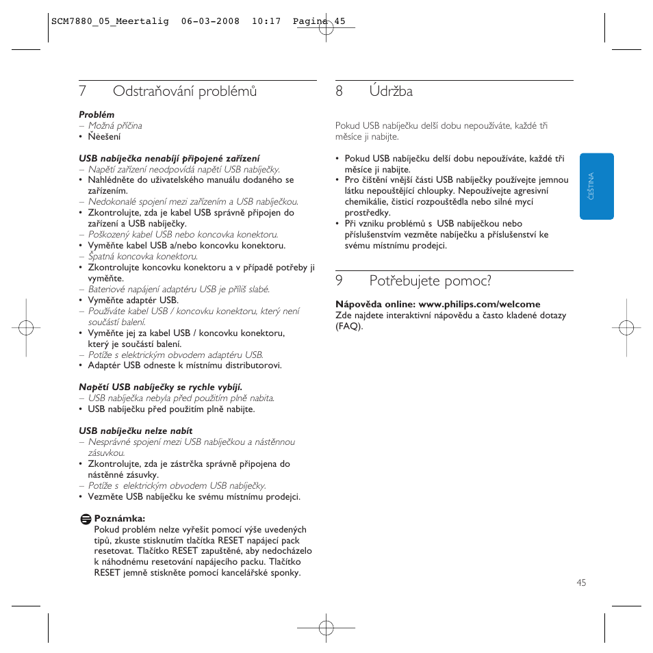 7odstraňování problémů, 8údržba, 9potřebujete pomoc | Philips SCM7880/05 User Manual | Page 45 / 60