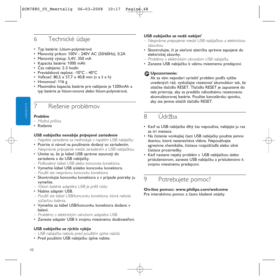 6technické údaje, 7riešenie problémov, 8údržba | 9potrebujete pomoc | Philips SCM7880/05 User Manual | Page 48 / 60