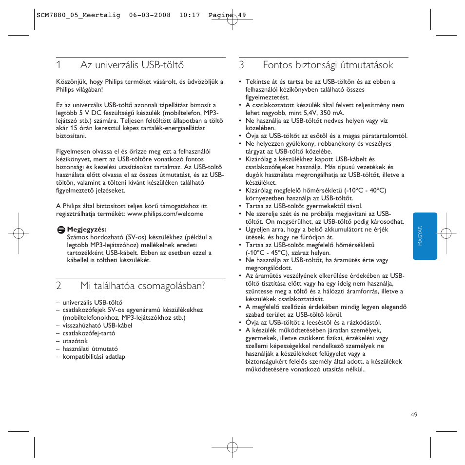 1az univerzális usb-töltő, 2mi találhatóa csomagolásban, 3fontos biztonsági útmutatások | Philips SCM7880/05 User Manual | Page 49 / 60
