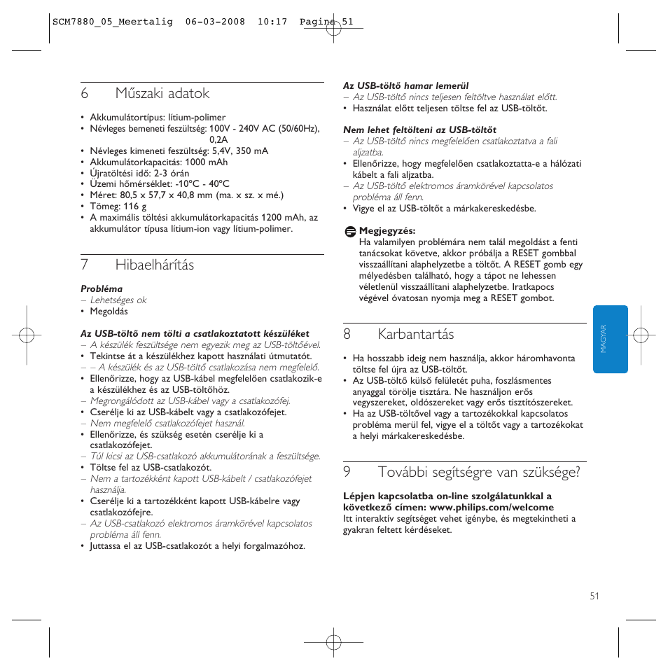 6műszaki adatok, 7hibaelhárítás, 8karbantartás | 9további segítségre van szüksége | Philips SCM7880/05 User Manual | Page 51 / 60