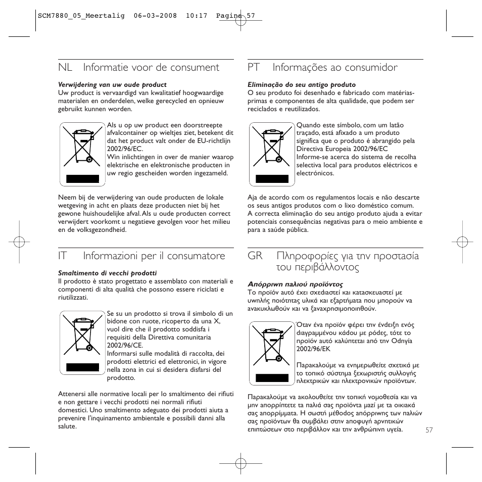 Nl informatie voor de consument, It informazioni per il consumatore, Pt informações ao consumidor | Gr ¶плъфкфъ›в˜ биa щлу úôûùaû›a щф˘ въи‚¿ппфущф | Philips SCM7880/05 User Manual | Page 57 / 60