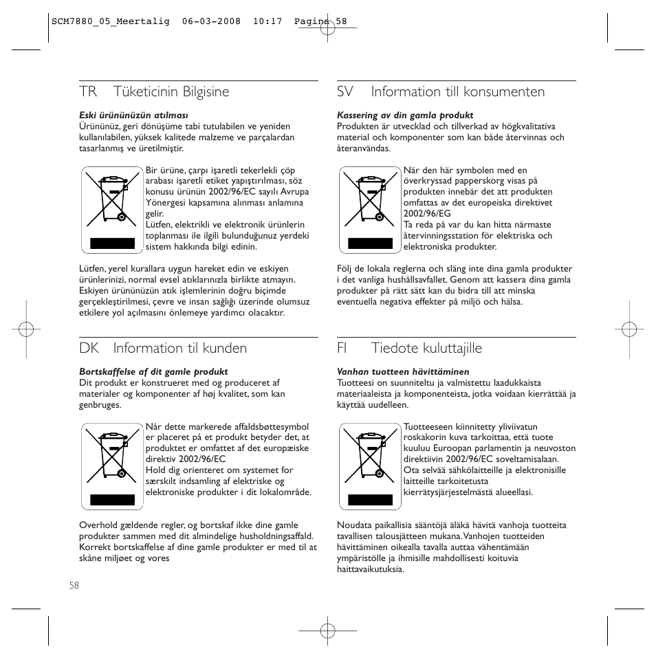 Tr tüketicinin bilgisine, Dk information til kunden, Sv information till konsumenten | Fi tiedote kuluttajille | Philips SCM7880/05 User Manual | Page 58 / 60