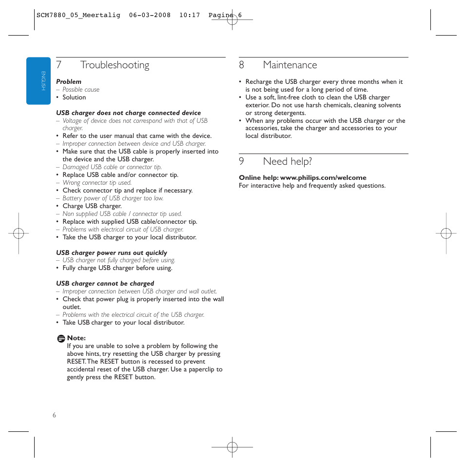 7troubleshooting, 8maintenance, 9need help | Philips SCM7880/05 User Manual | Page 6 / 60