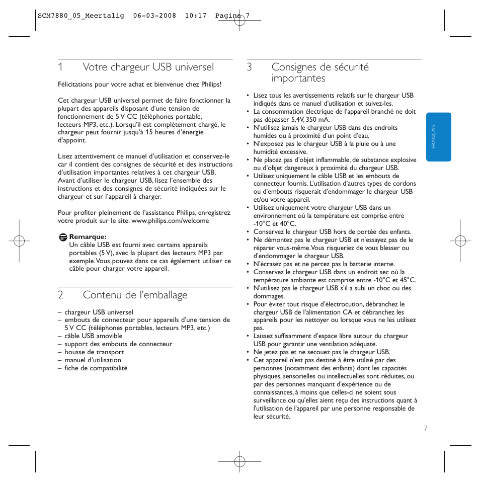 1votre chargeur usb universel, 2contenu de l’emballage, 3consignes de sécurité importantes | Philips SCM7880/05 User Manual | Page 7 / 60