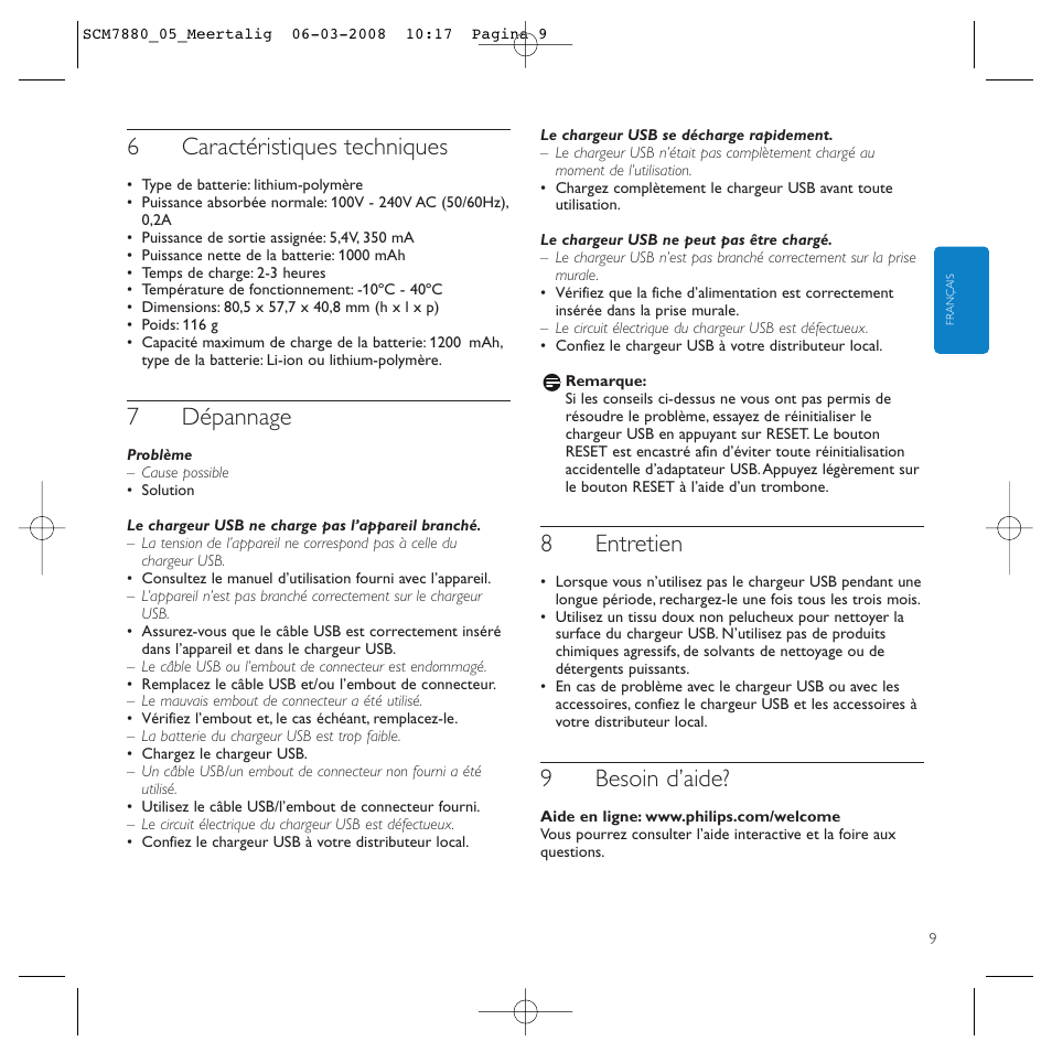 6caractéristiques techniques, 7dépannage, 8entretien | 9besoin d’aide | Philips SCM7880/05 User Manual | Page 9 / 60