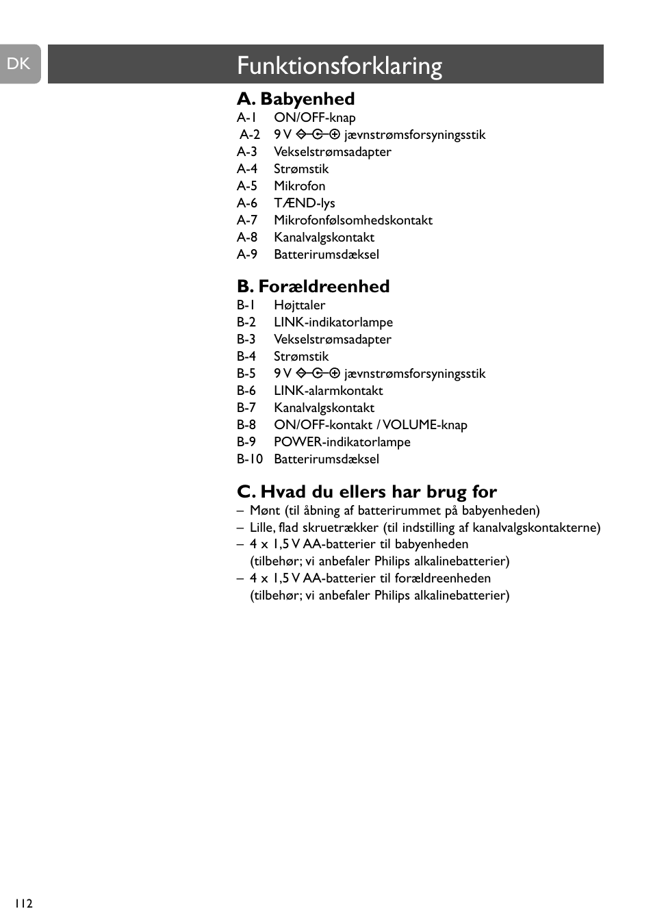Funktionsforklaring, A. babyenhed, B. forældreenhed | C. hvad du ellers har brug for | Philips SCD463 User Manual | Page 112 / 160