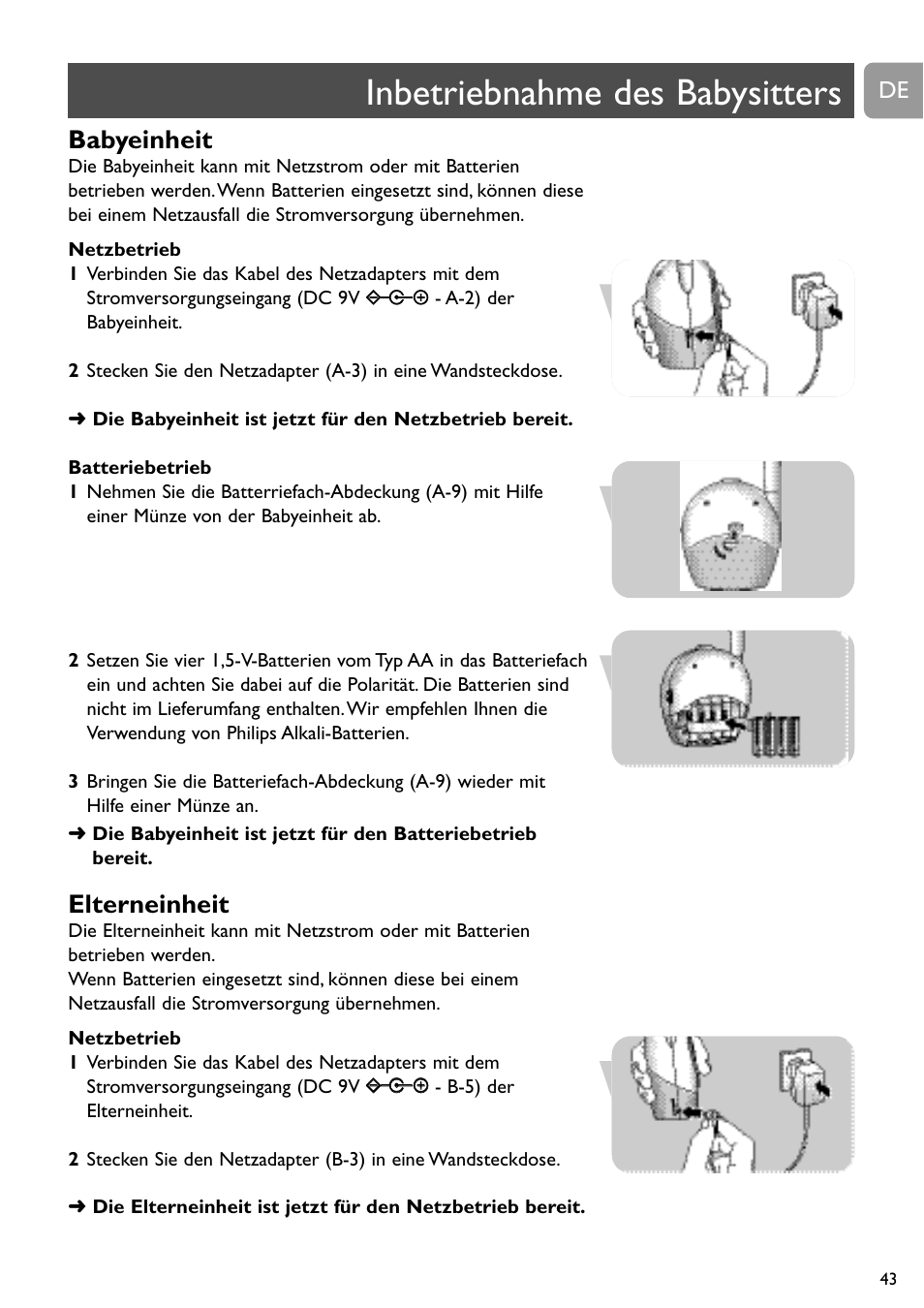 Inbetriebnahme des babysitters, Babyeinheit, Elterneinheit | Philips SCD463 User Manual | Page 43 / 160