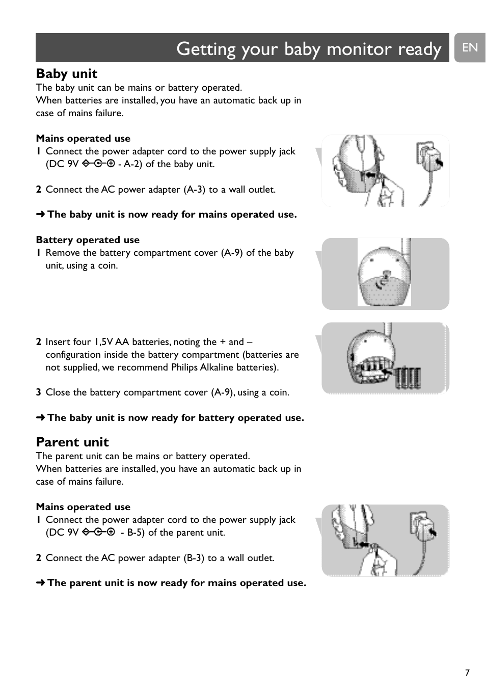 Getting your baby monitor ready, Baby unit, Parent unit | Philips SCD463 User Manual | Page 7 / 160