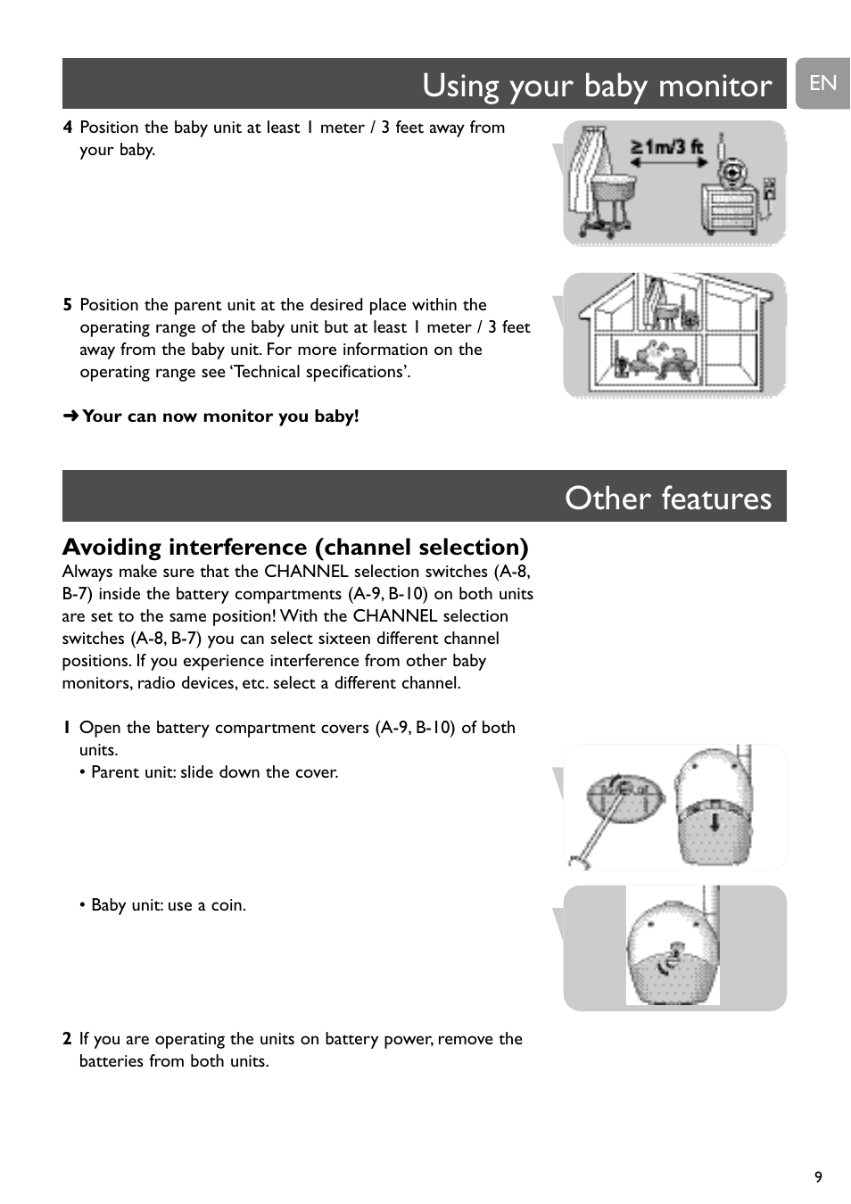 Using your baby monitor other features, Avoiding interference (channel selection) | Philips SCD463 User Manual | Page 9 / 160