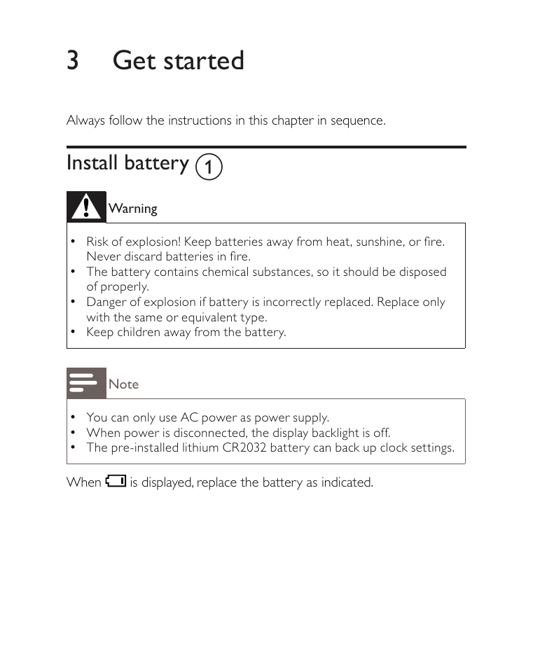 3 get started, Install battery a | Philips AJ3500 User Manual | Page 11 / 23