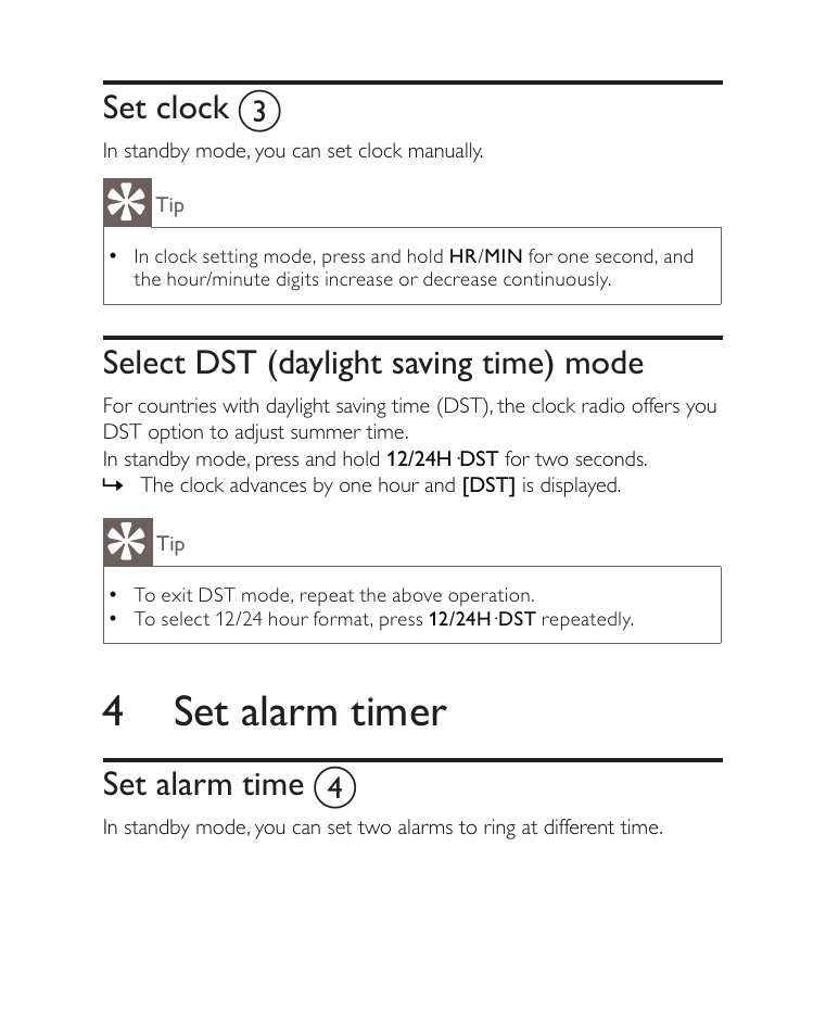 4 set alarm timer, Set clock c, Select dst (daylight saving time) mode | Set alarm time d | Philips AJ3500 User Manual | Page 13 / 23