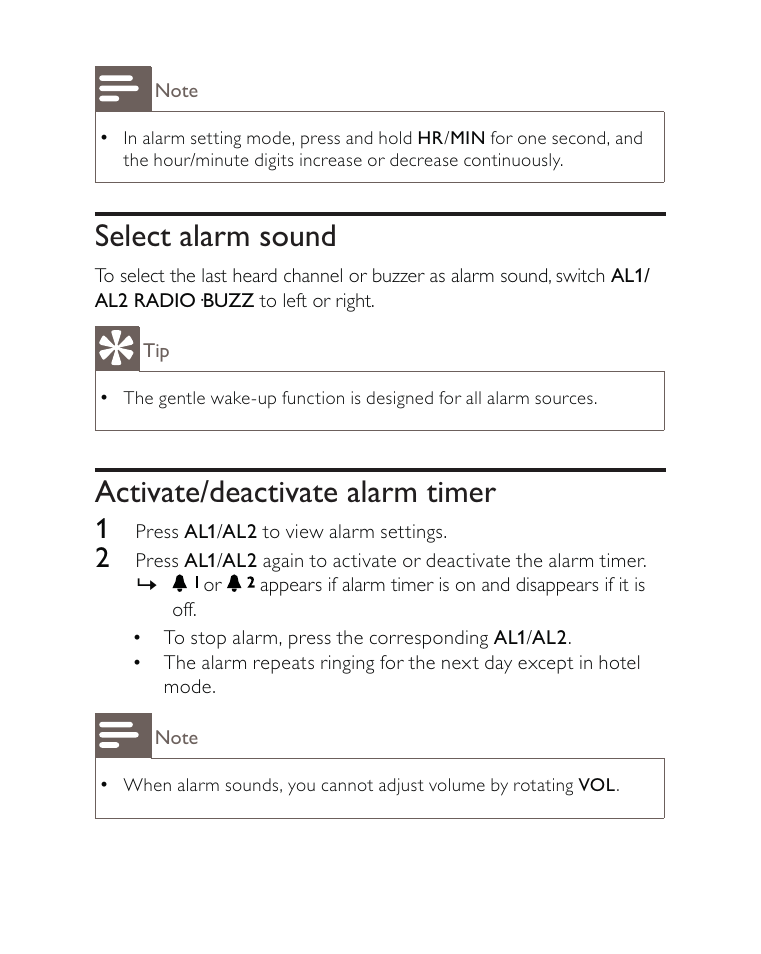 Select alarm sound, Activate/deactivate alarm timer | Philips AJ3500 User Manual | Page 14 / 23