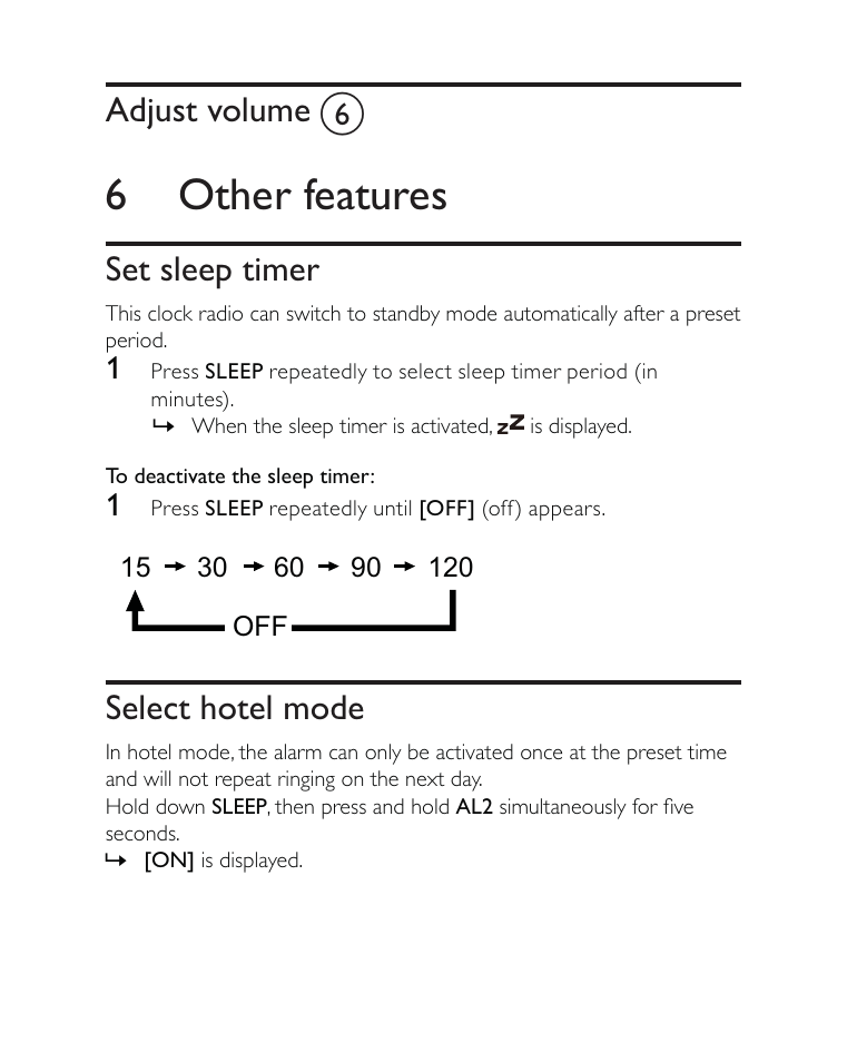 6 other features, Adjust volume f, Set sleep timer | Select hotel mode | Philips AJ3500 User Manual | Page 16 / 23
