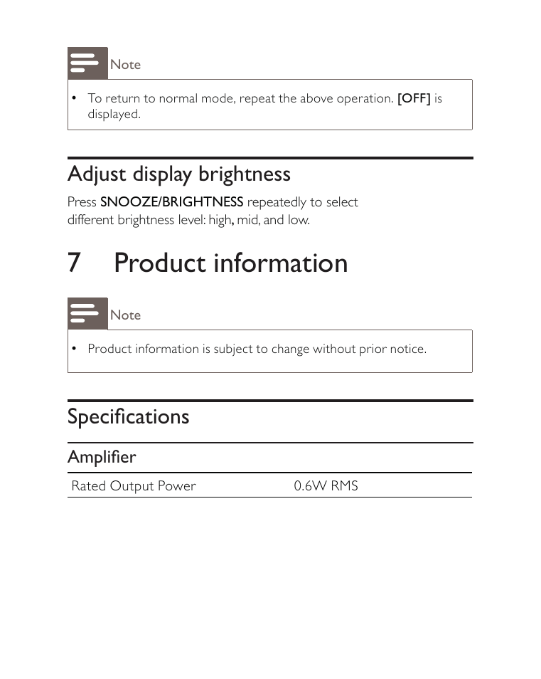 7 product information, Adjust display brightness, Speciﬁcations | Philips AJ3500 User Manual | Page 17 / 23