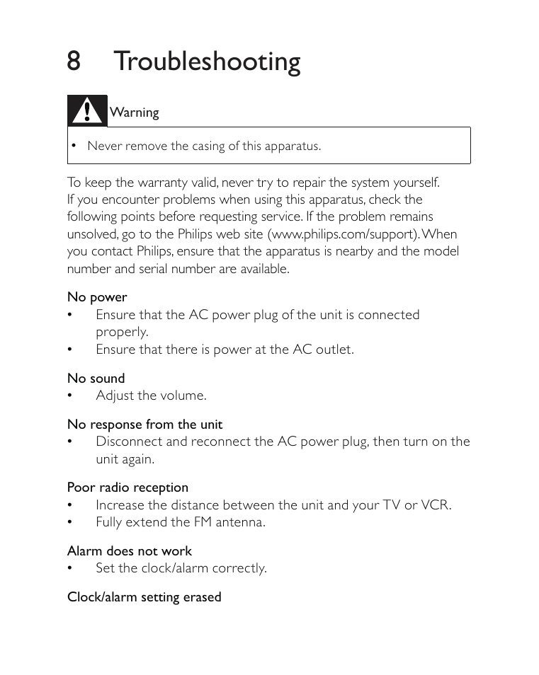 8 troubleshooting | Philips AJ3500 User Manual | Page 19 / 23