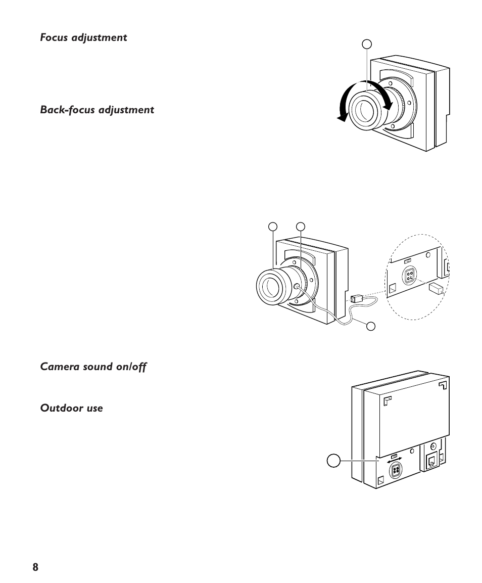 8focus adjustment, Back-focus adjustment, Camera sound on/off | Outdoor use | Philips Colour Observation Camera User Manual | Page 5 / 8