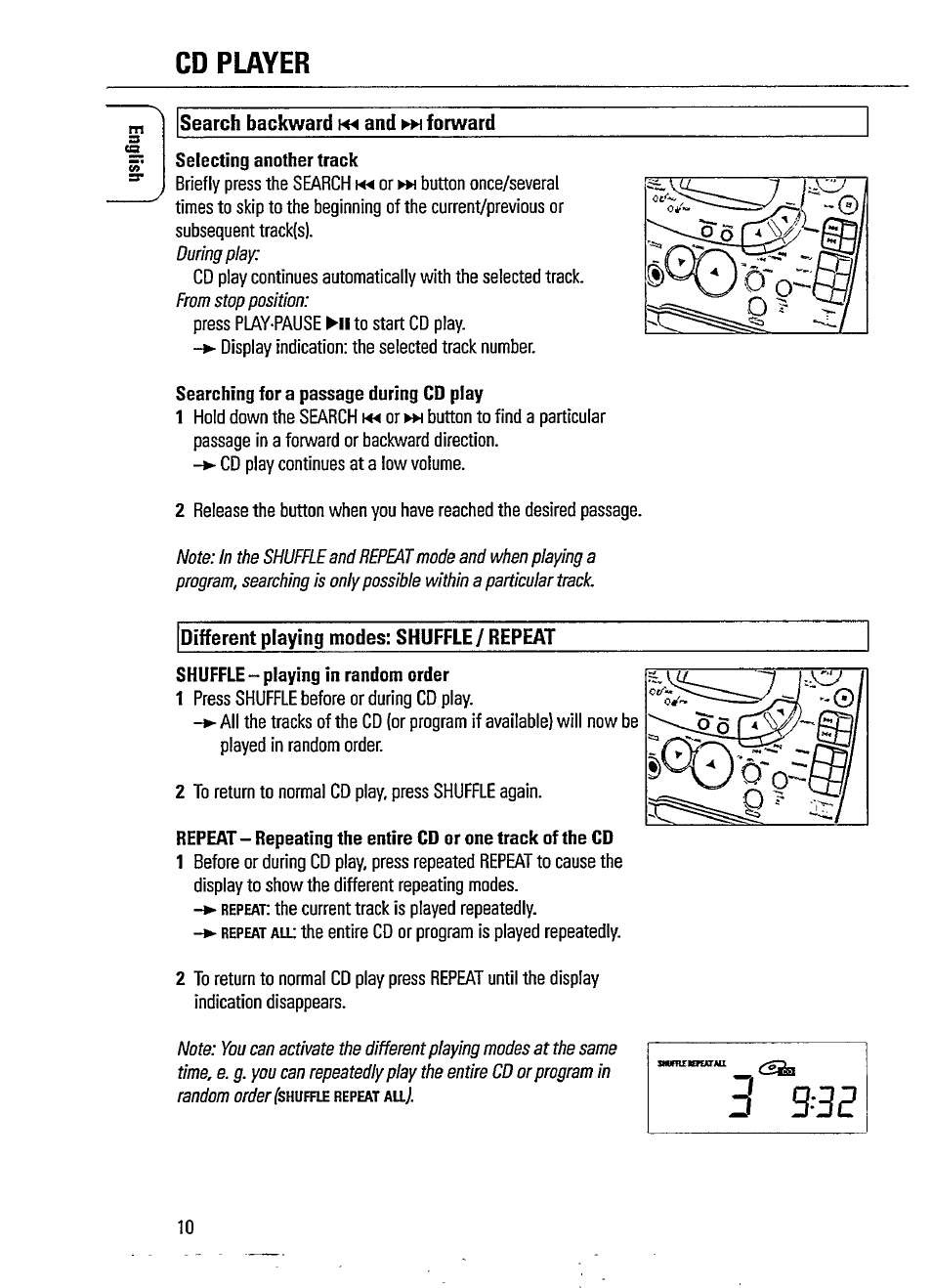 Search backward and ►h forward, Different playing modes: shuffle / repeat, Cd player | Philips AZ 1402 User Manual | Page 10 / 16