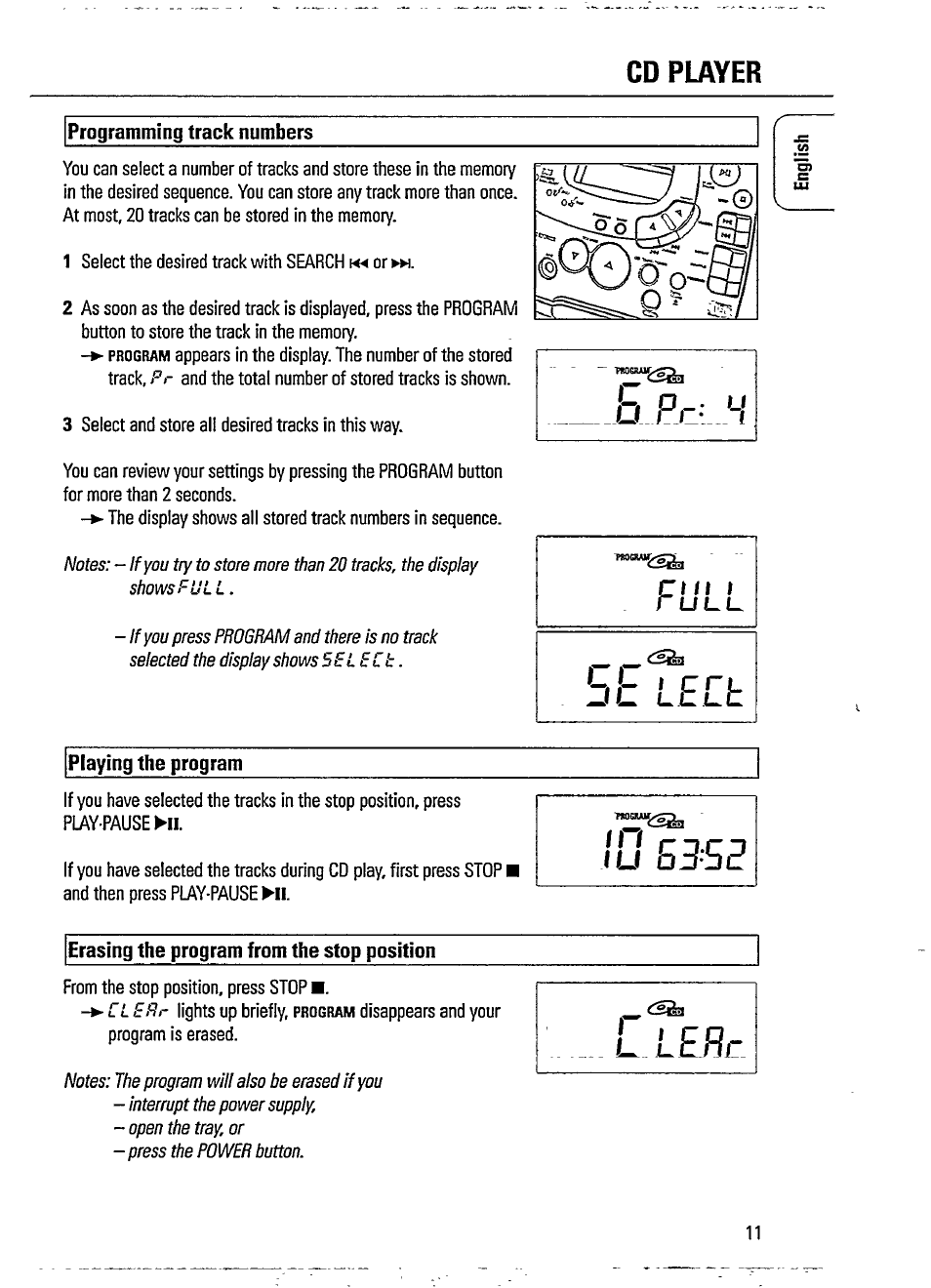 Programming track numbers, Playing the program, Erasing the program from the stop position | Pc: h, Cd player | Philips AZ 1402 User Manual | Page 11 / 16