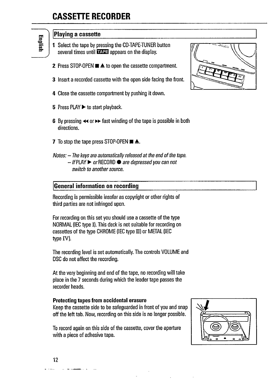 Cassehe recorder, Playing a cassette, General information on recording | Cassette recorder -13, Platine cassette -25 | Philips AZ 1402 User Manual | Page 12 / 16