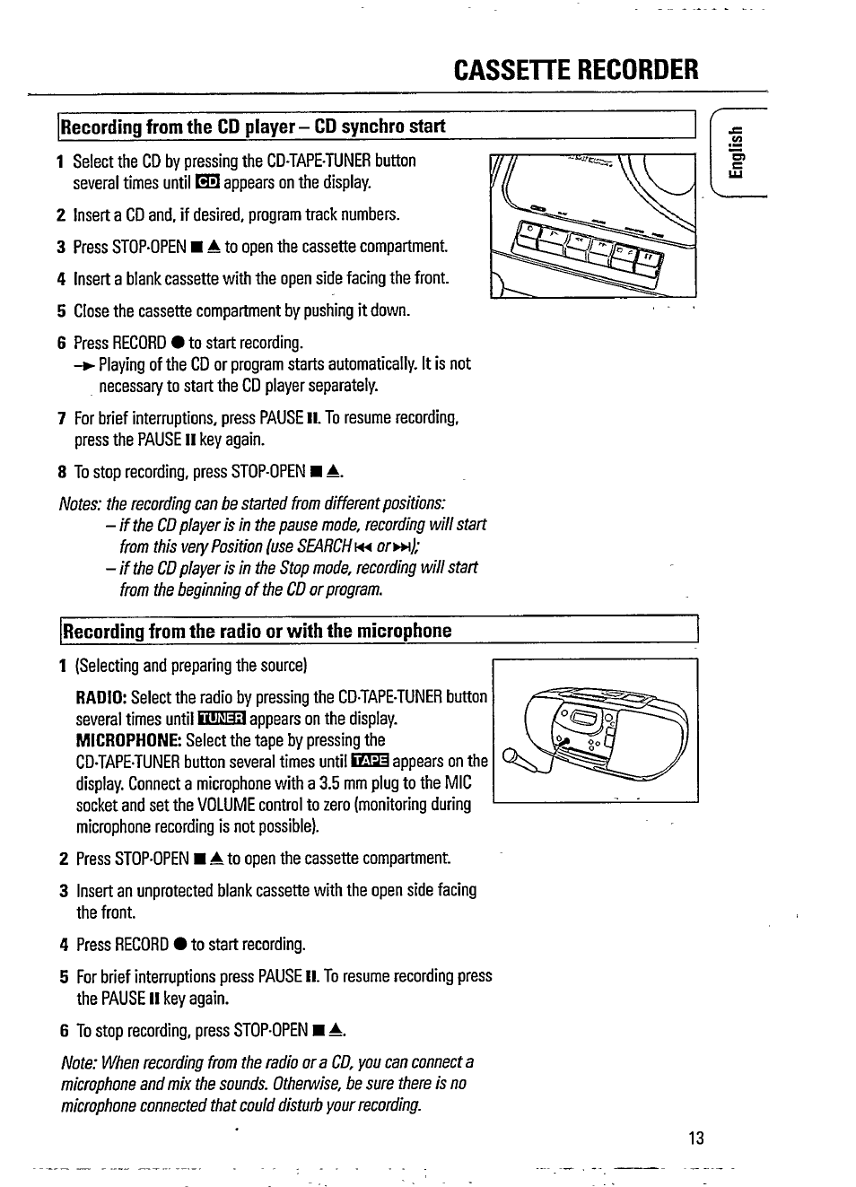 Cassehe recorder, Recording from the cd player - cd synchro start, Recording from the radio or with the microphone | Kassetterecorder -49 | Philips AZ 1402 User Manual | Page 13 / 16