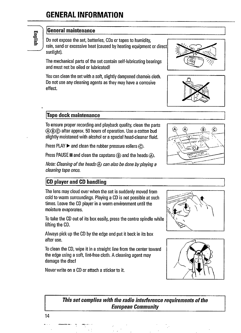 General information, General maintenance, Tape deck maintenance | Cd player and cd handling | Philips AZ 1402 User Manual | Page 14 / 16