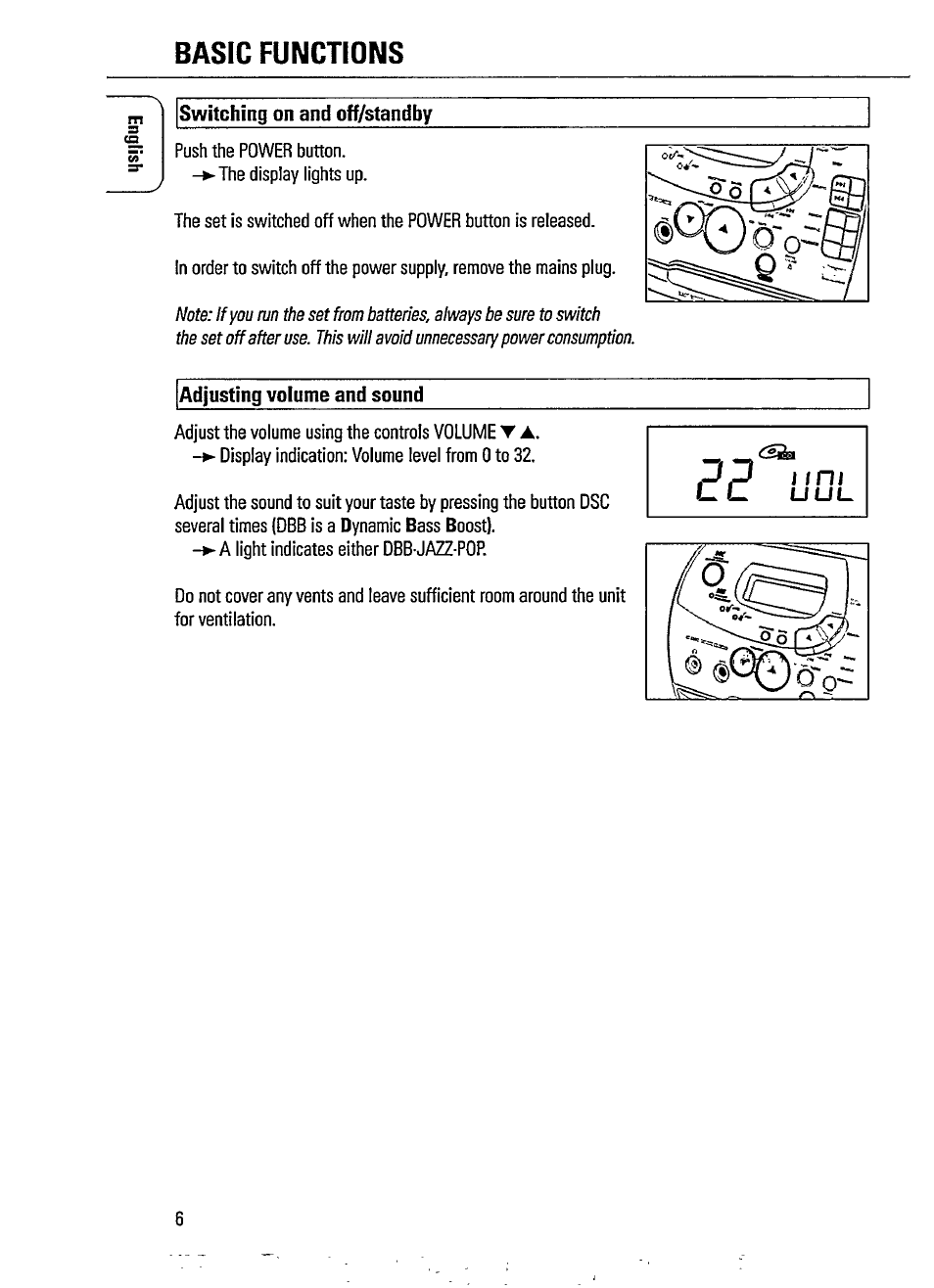 Basic functions, Switching on and off/standby, Adjusting volume and sound | Basic factions | Philips AZ 1402 User Manual | Page 6 / 16