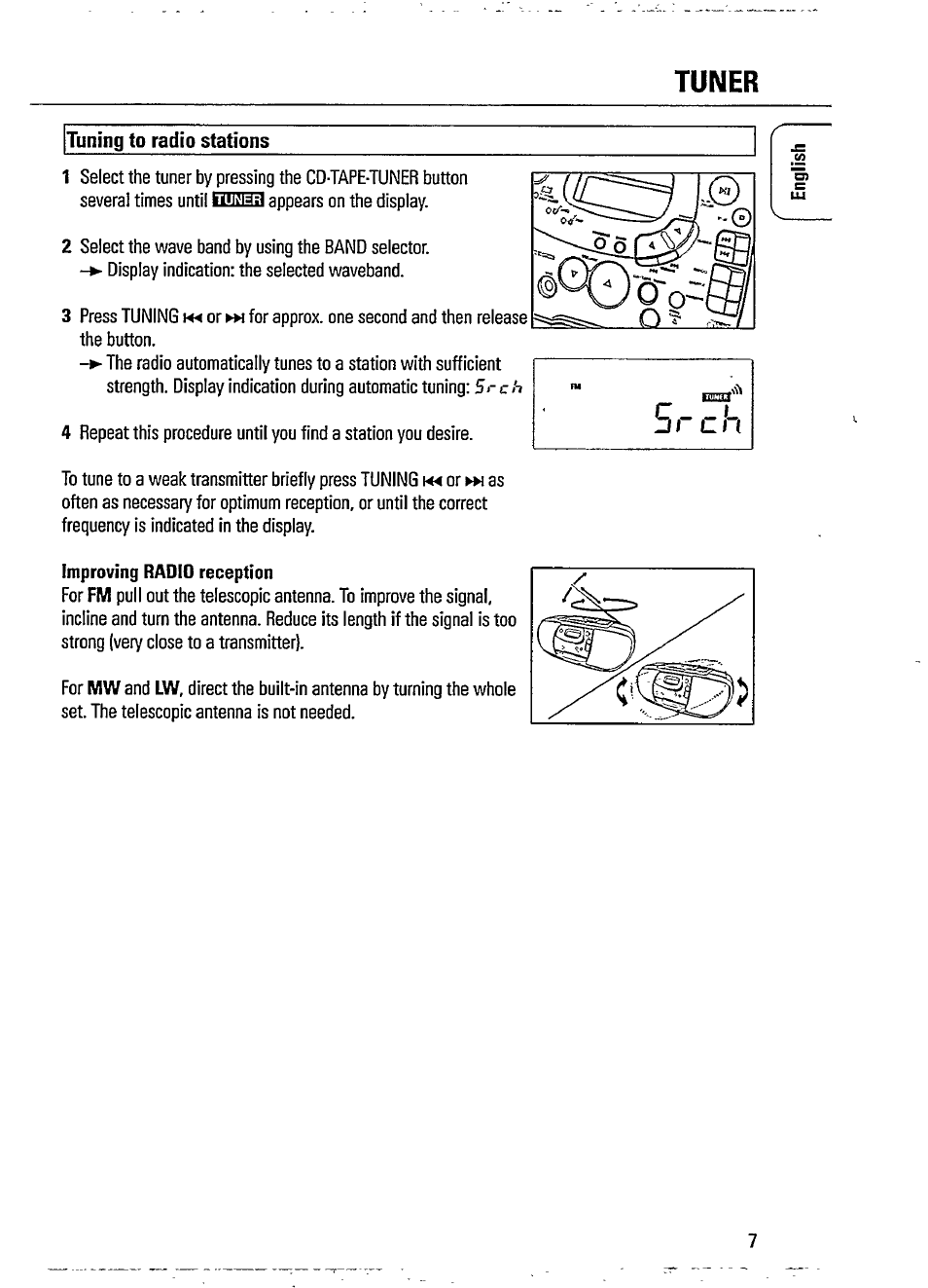 Tuner, Tuning to radio stations, Improving radio reception | Tuner -8, 5 r c h | Philips AZ 1402 User Manual | Page 7 / 16