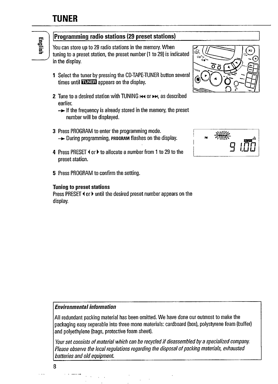 Tuner, Programming radio stations (29 preset stations) | Philips AZ 1402 User Manual | Page 8 / 16