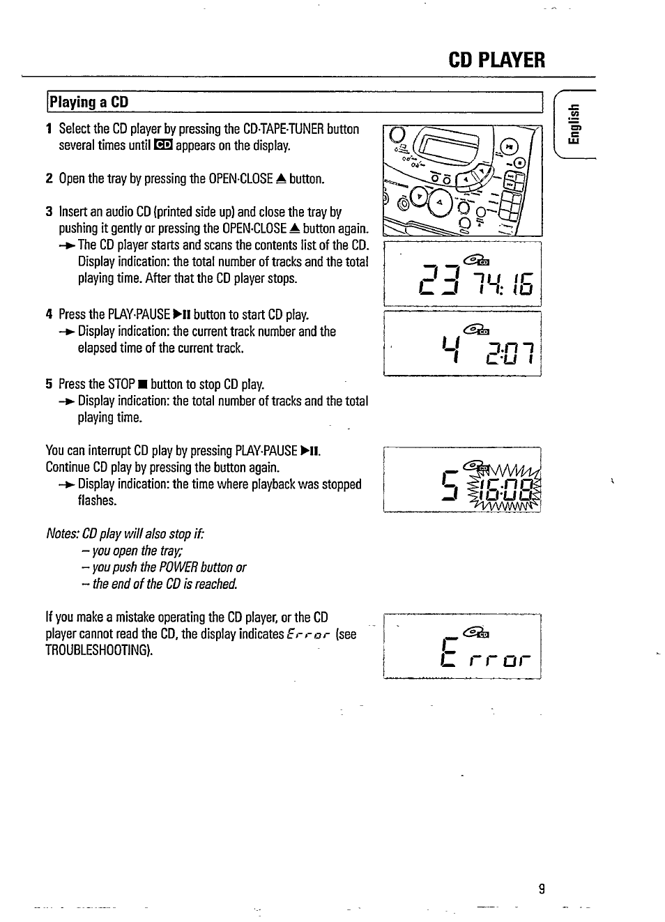 Playing a cd, Cd player | Philips AZ 1402 User Manual | Page 9 / 16